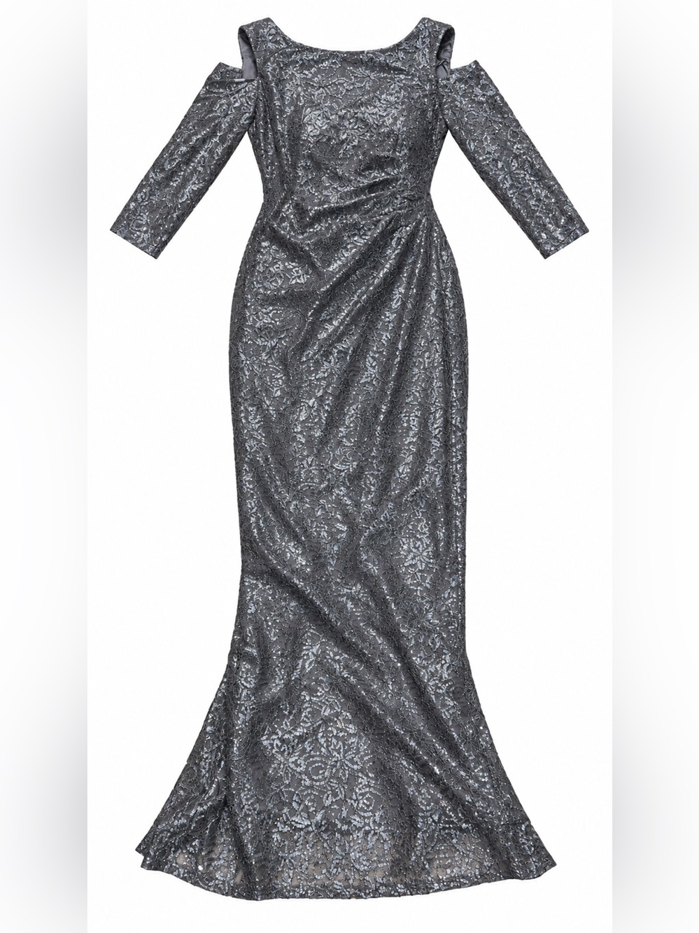 Elegant Cold-Shoulder Metallic Evening Gown - Silver